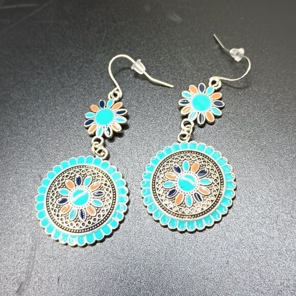 Bohemian turquoise colorful multicolor mandala earrings - Picture 2 of 5